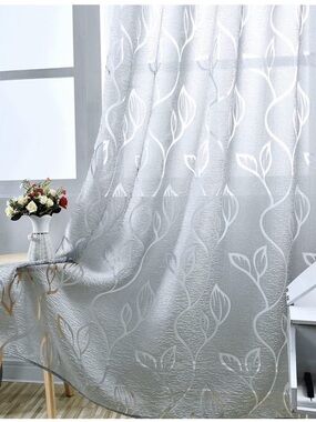 Elegant Silver Leaf-Pattern Curtain Panels - Home